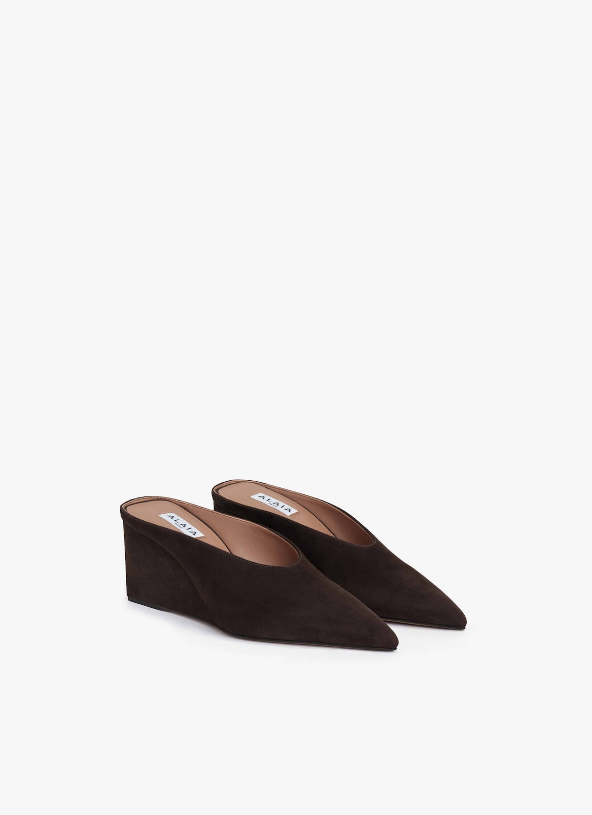 CUBE WEDGE MULES IN SUEDE GOATSKIN ALAÏA DARK BROWN CUBE WEDGE MULES IN SUEDE GOATSKIN